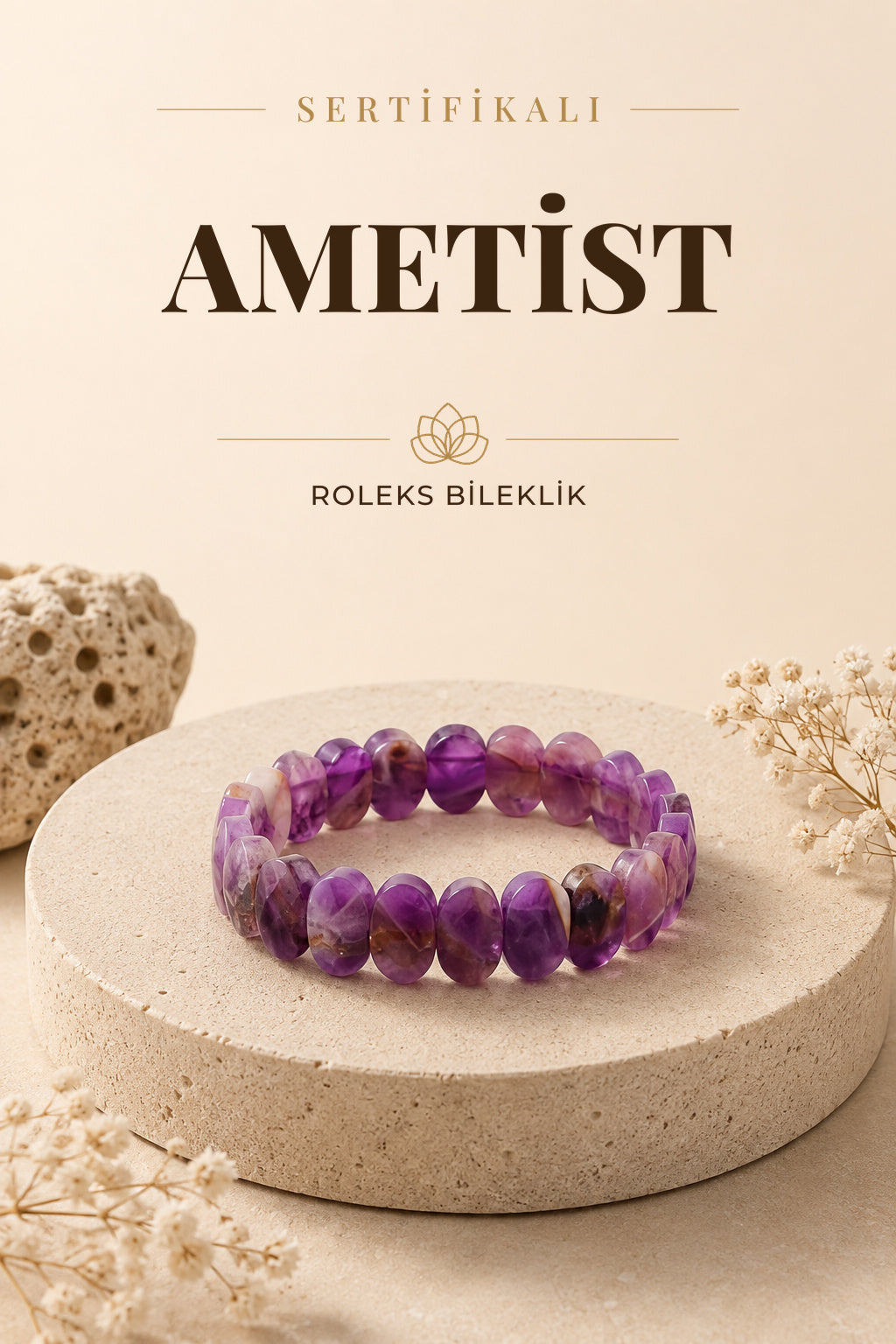 Sertifikalı Ametist Doğal Taş Roleks Bileklik B788