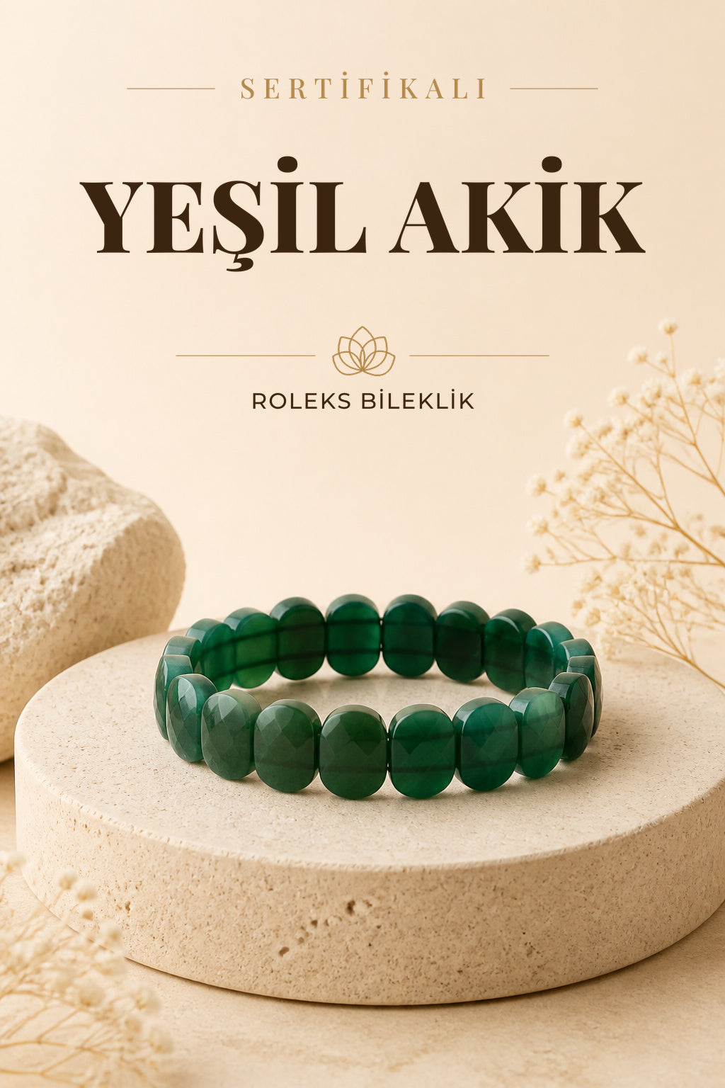 Sertifikalı Yeşil Akik Doğaltaş Roleks Bileklik B902