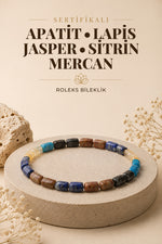 Sertifikalı Apatit, Lapis, Jasper, Biyotit, Sitrin, Fosil Mercan Doğaltaş Roleks Bileklik B904