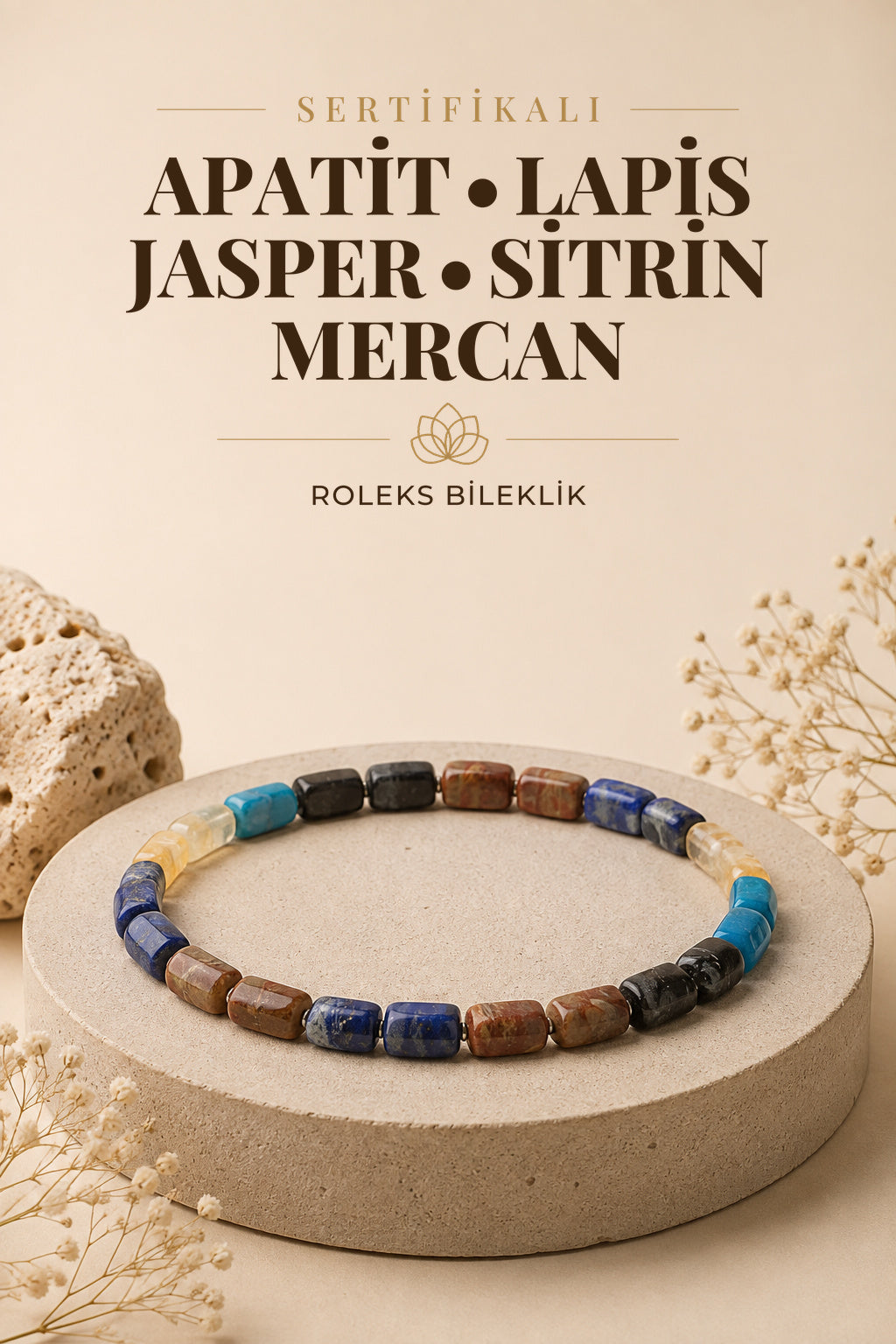 Sertifikalı Apatit, Lapis, Jasper, Biyotit, Sitrin, Fosil Mercan Doğaltaş Roleks Bileklik B904