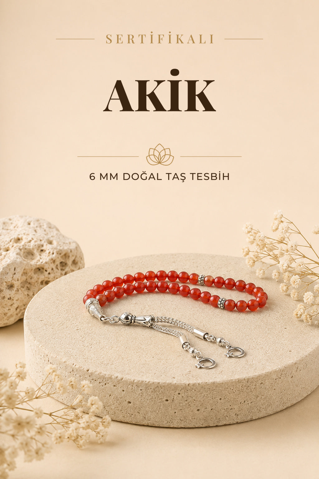 Sertifikalı Akik Doğaltaş Tesbih 6 Mm, T199