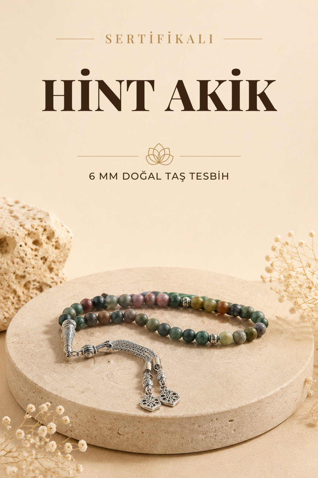 Sertifikalı Hint Akik Doğaltaş Tesbih 6 mm T207