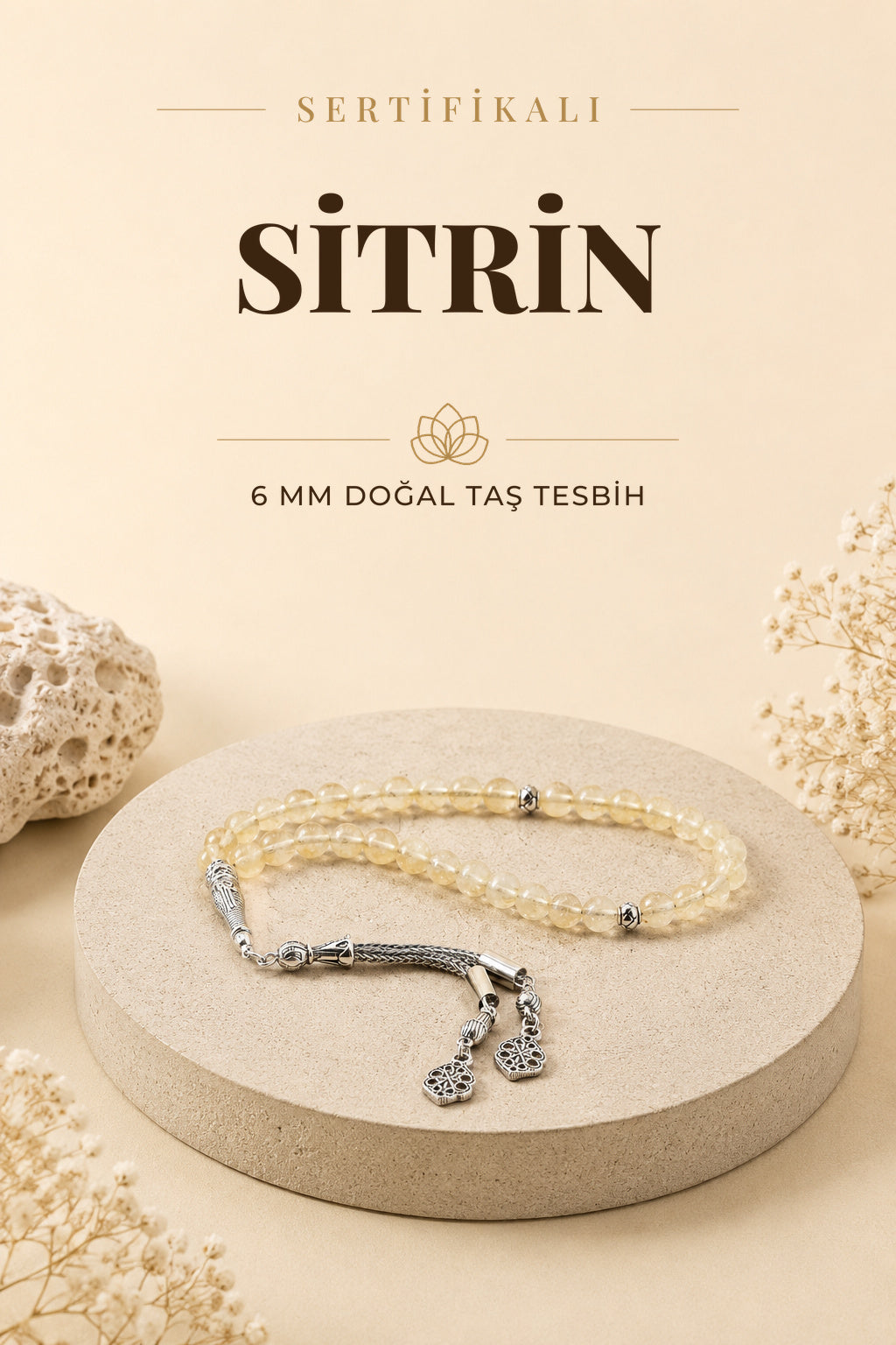 Sertifikalı Sitrin Doğaltaş Tesbih 6 Mm, T214