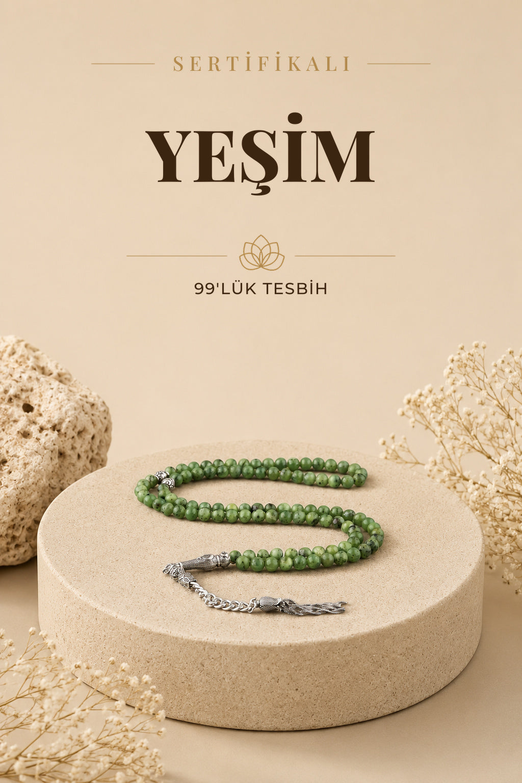Sertifikalı Yeşim 99'luk Doğaltaş Tesbih 6 Mm, T219