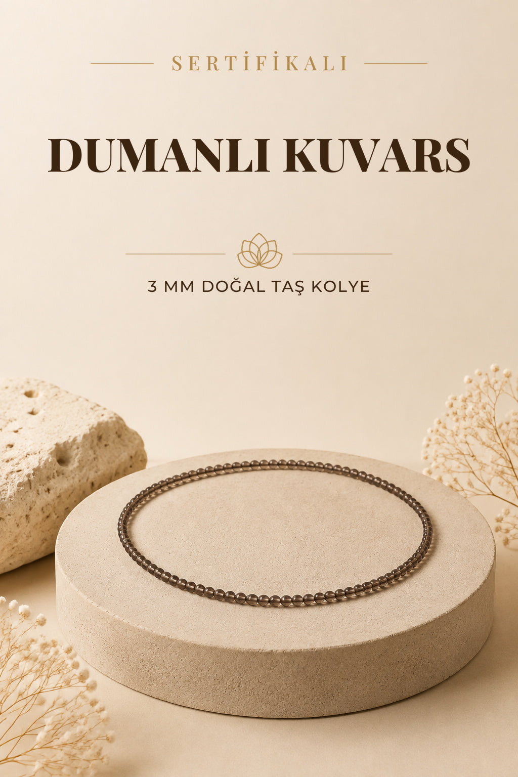 Sertifikalı Dumanlı Kuvars Doğal Taş Kolye 3 Mm - M402