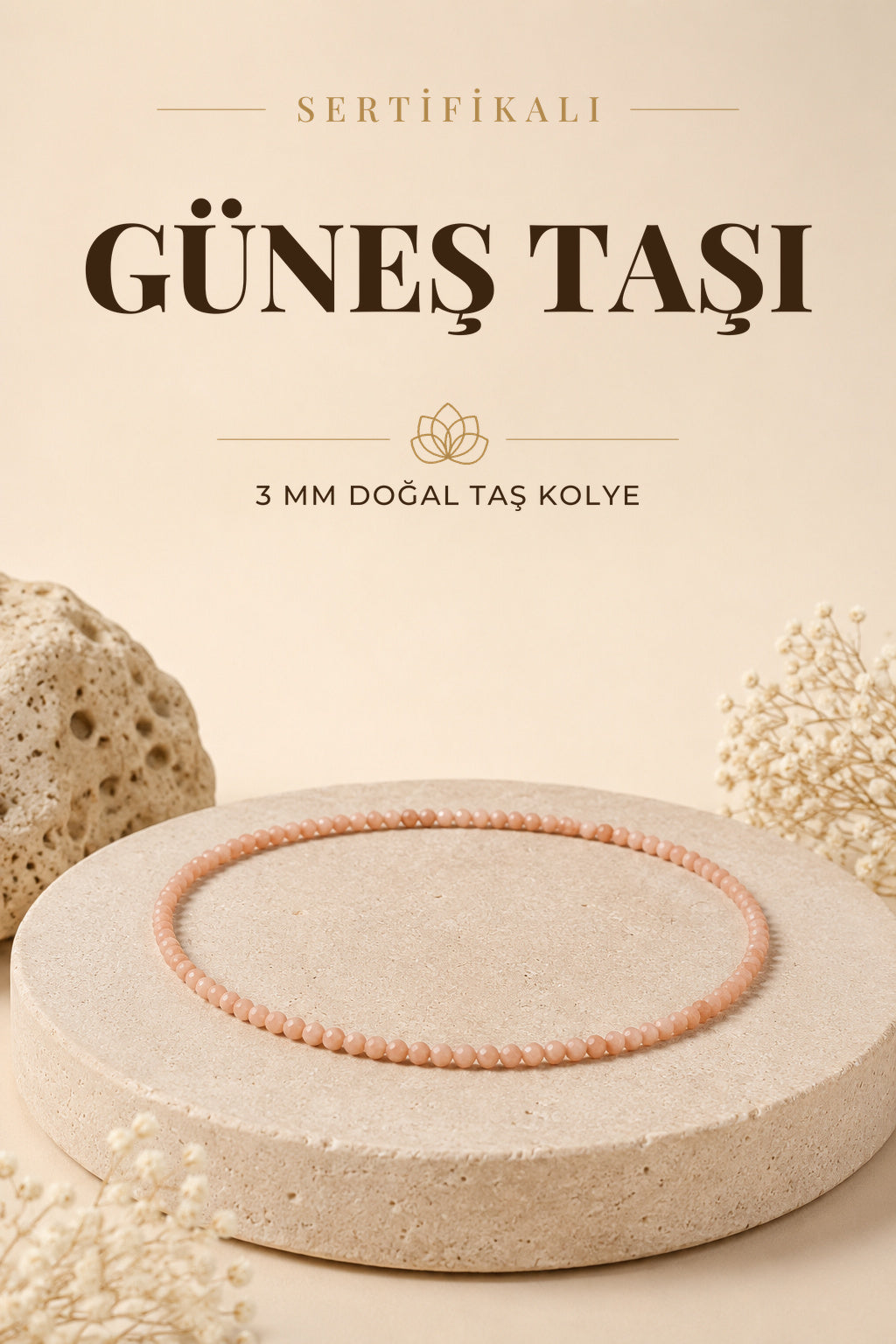Sertifikalı Güneş Taşı Doğal Taş Kolye 3 Mm - M403