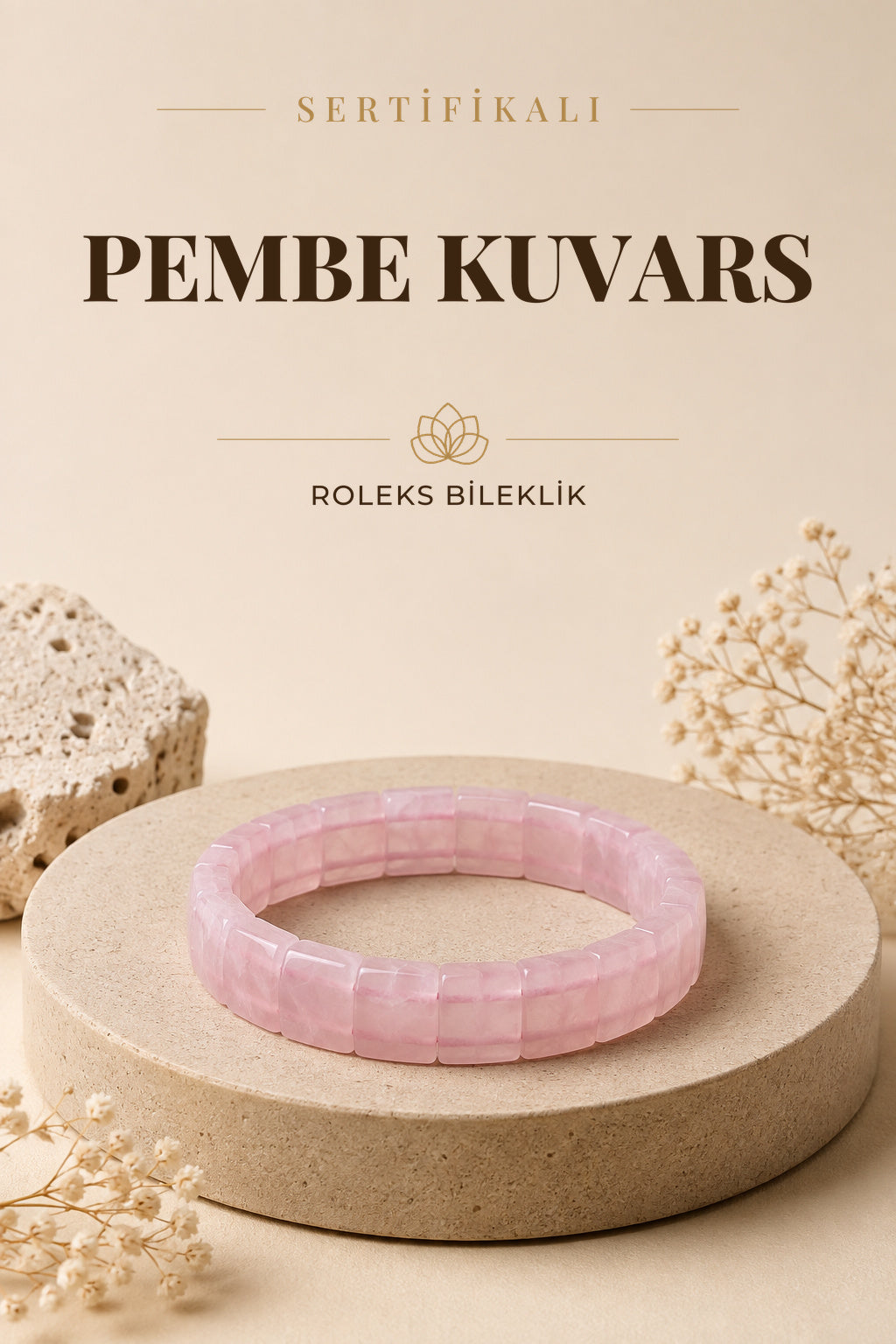 Sertifikalı Pembe Kuvars Doğal Taş Roleks Bileklik - B433