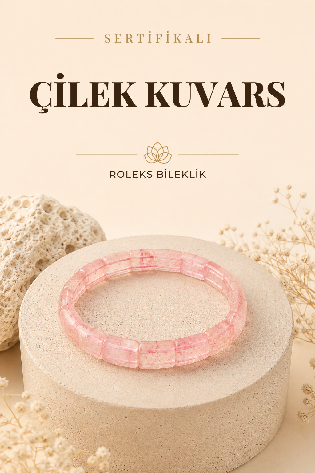 Sertifikalı Çilek Kuvars Doğal Taş Roleks Bileklik - B477