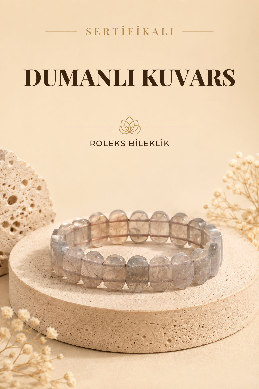 Sertifikalı Dumanlı Kuvars Doğal Taş Roleks Bileklik 15 Mm - B525