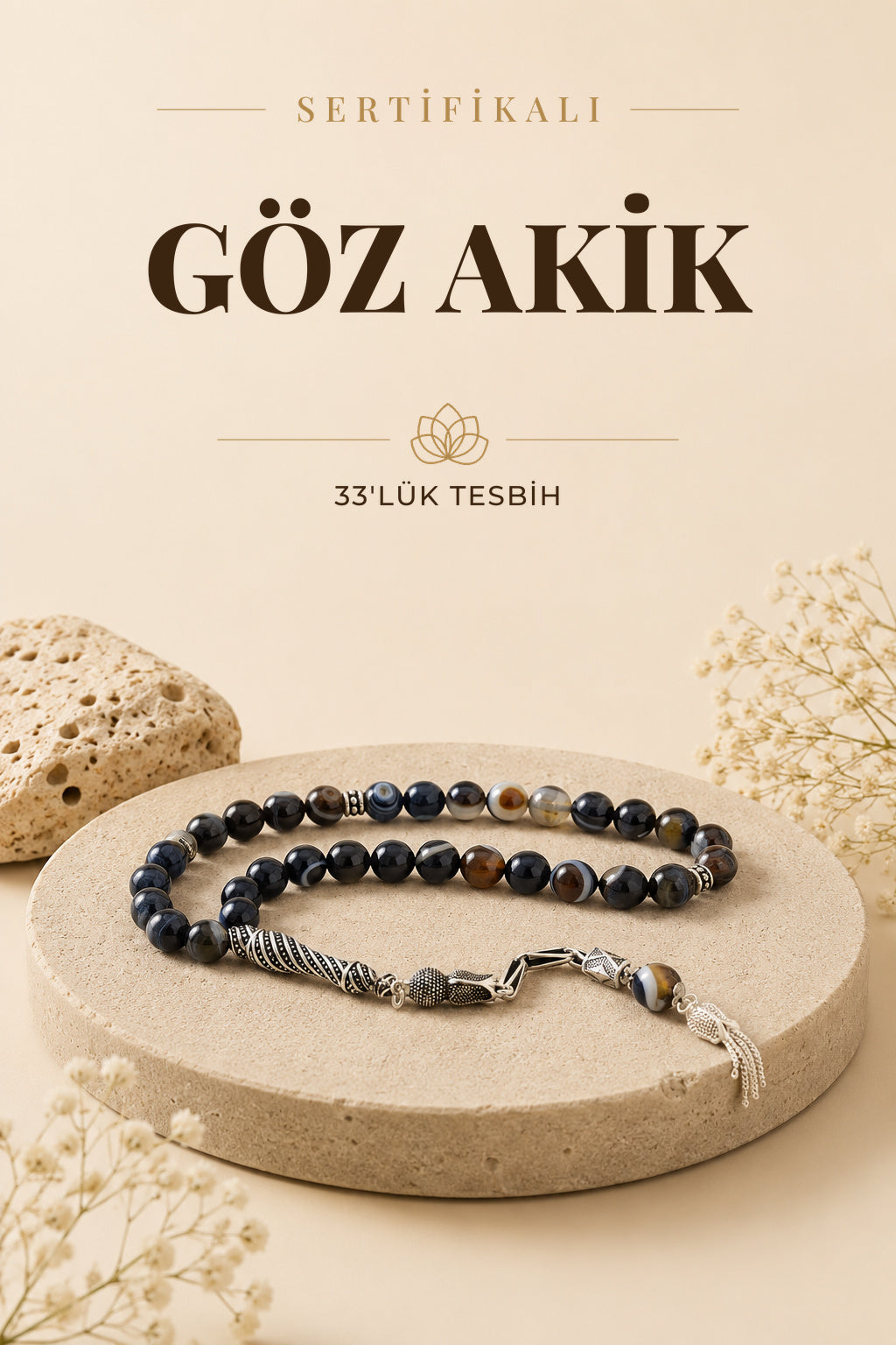 Sertifikalı Göz Akik 33'lük Doğal Taş Tesbih (GÜMÜŞ AKSAMLI)