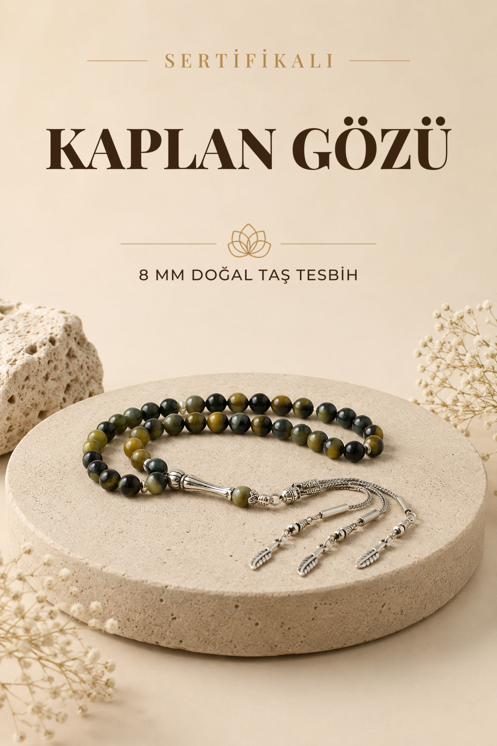 Sertifikalı Kaplan Gözü Doğal Taş Tesbih Metal Aksamlı 8 Mm
