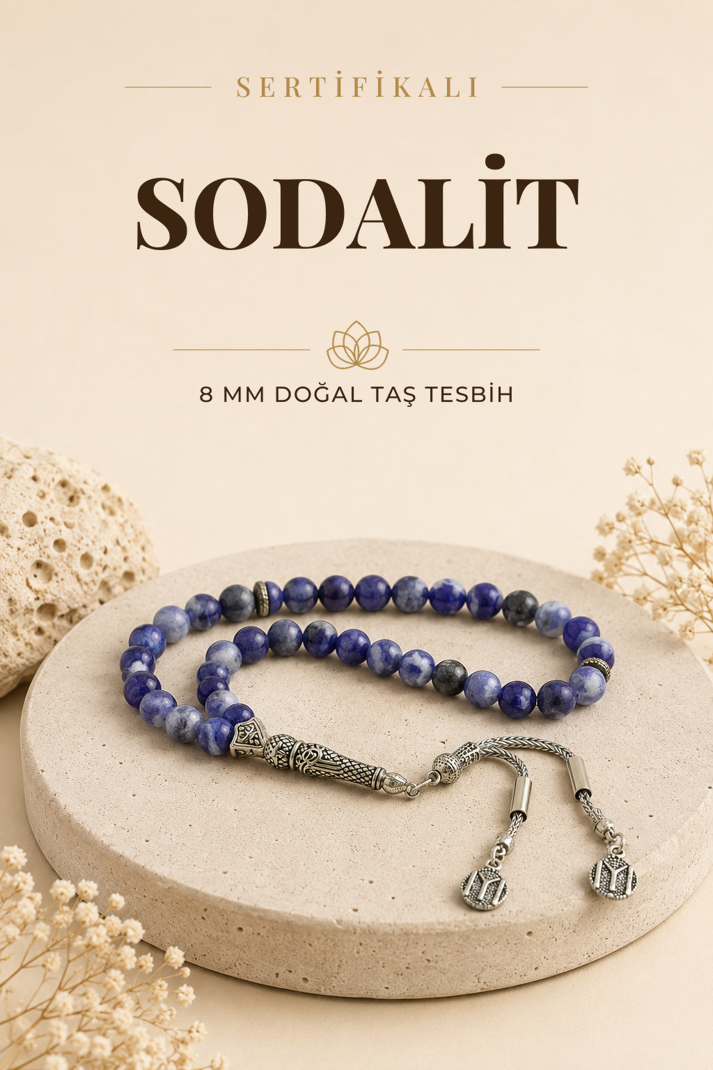 Sertifikalı Sodalit Doğal Taş Tesbih Metal Aksamlı 8 Mm