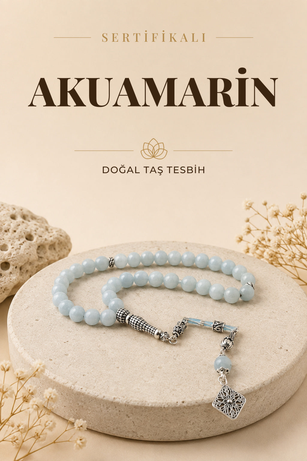 Sertifikalı Akuamarin Doğal Taş Tesbih Gümüş Aksamlı