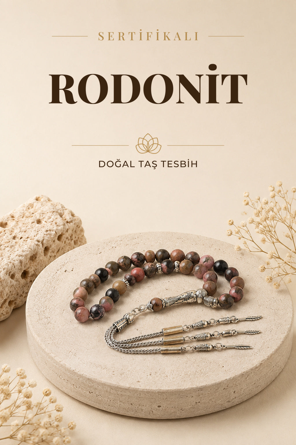 Sertifikalı Rodonit Doğal Taş Tesbih