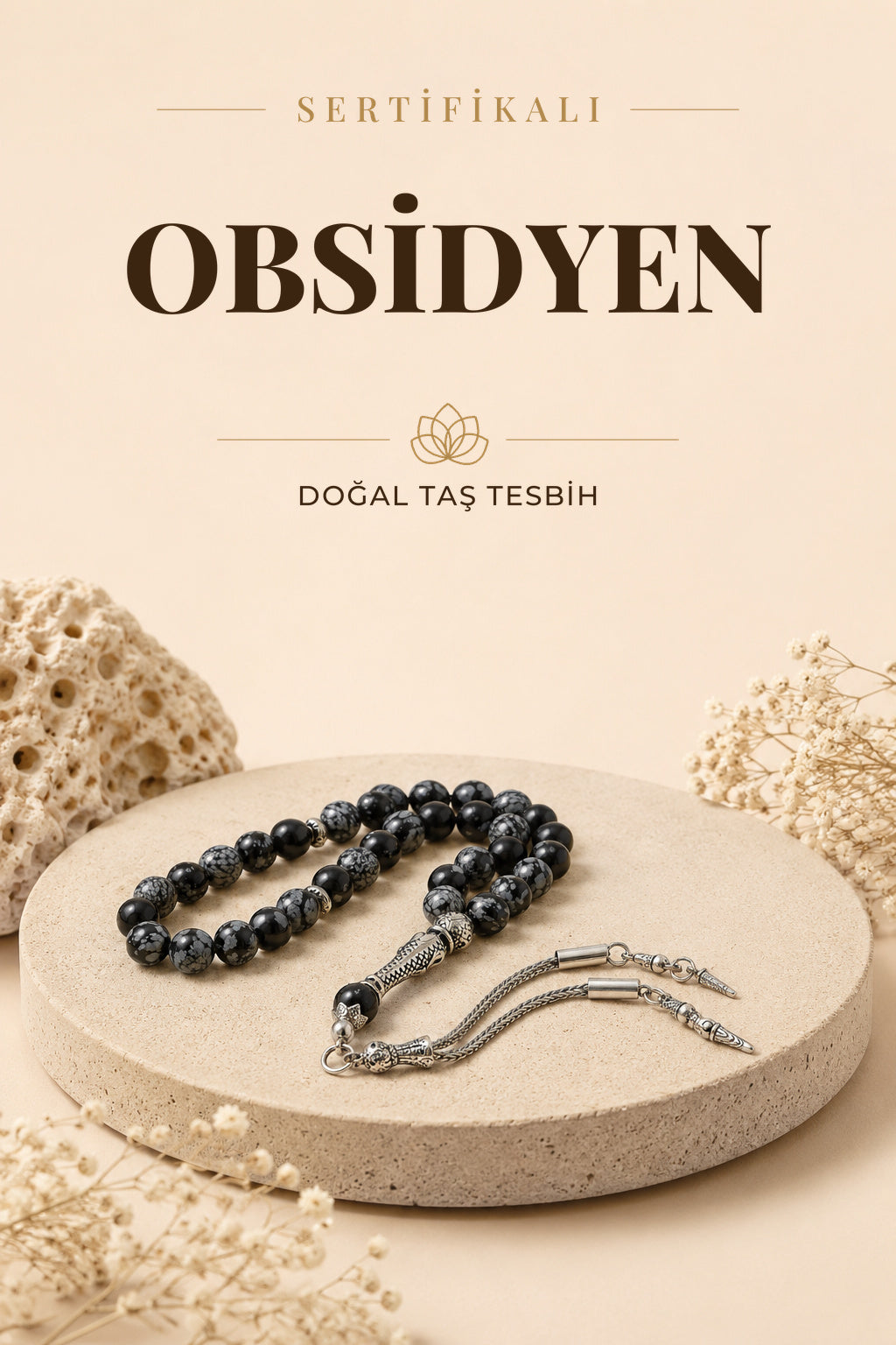 Sertifikalı Obsidyen Doğal Taş Tesbih