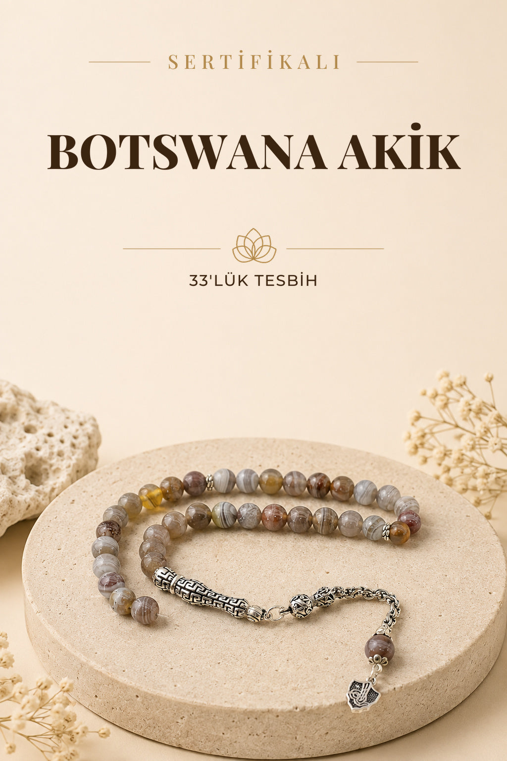 Sertifikalı Botswana Akik 33'lük Doğal Taş (GÜMÜŞ AKSAMLI) 8 Mm