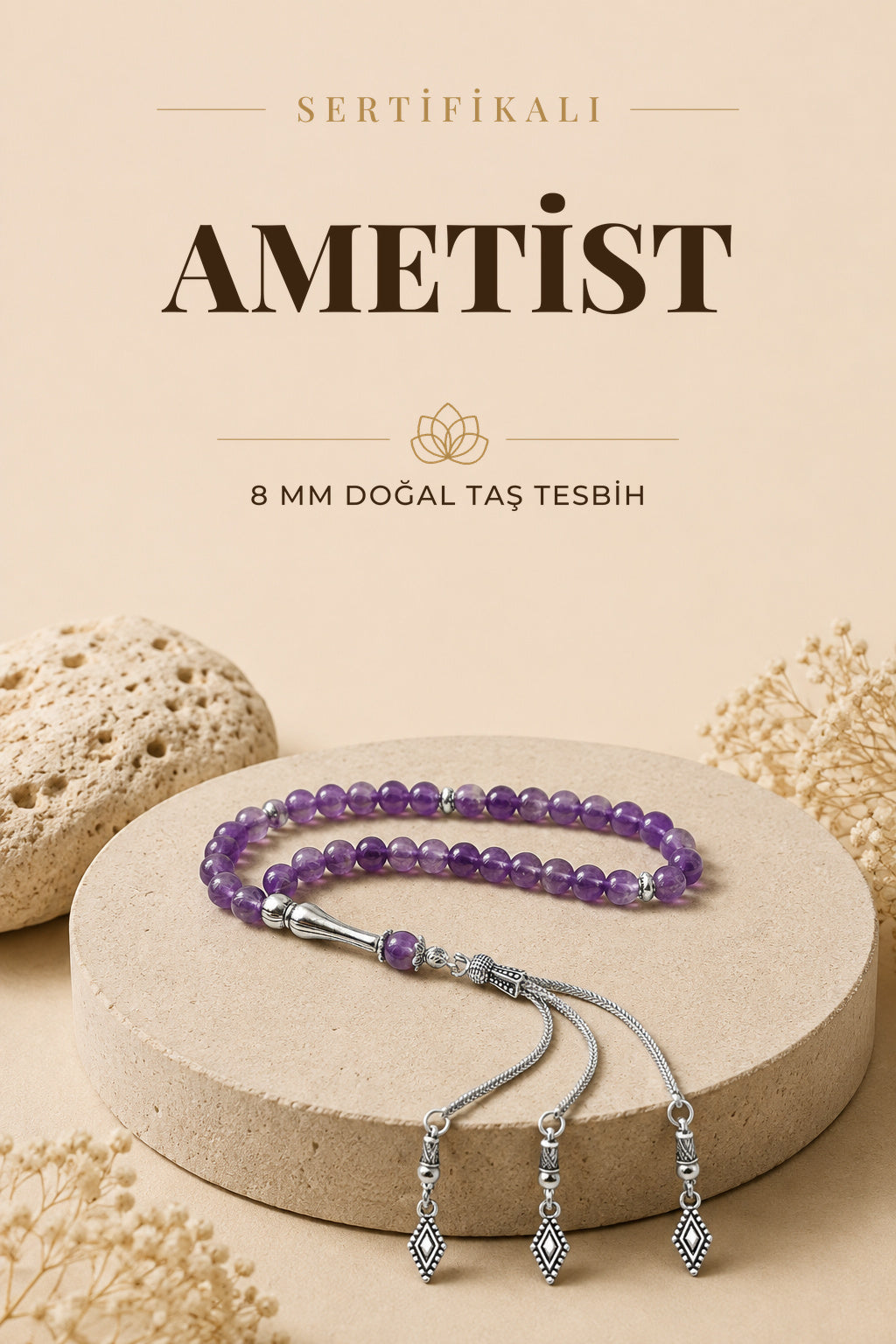 Sertifikalı Ametist Doğal Taş Tesbih Metal Aksamlı 8 Mm