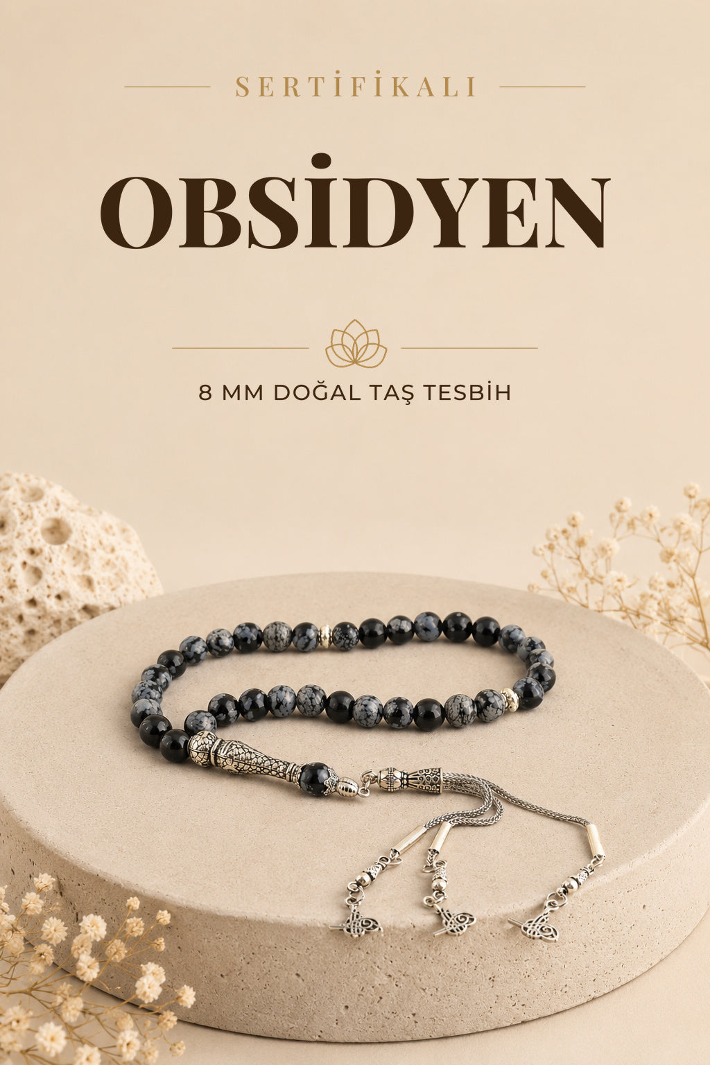 Sertifikalı Obsidyen Doğal Taş Tesbih Metal Aksamlı 8 Mm