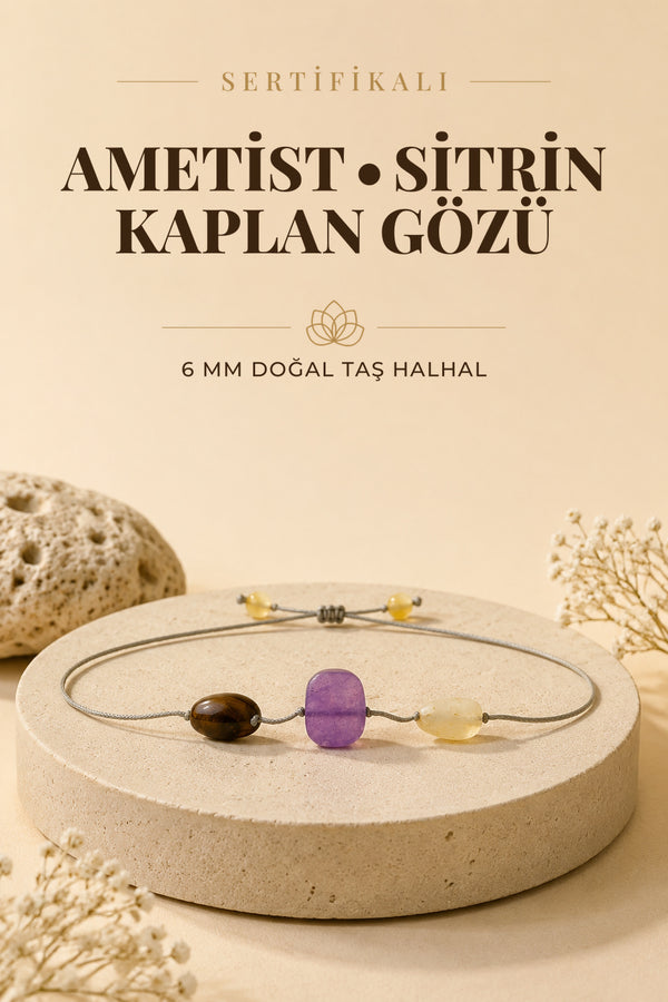 Sertifikalı Ametist, Sitrin, Kaplan Gözü Doğaltaş Halhal 6 Mm, B929