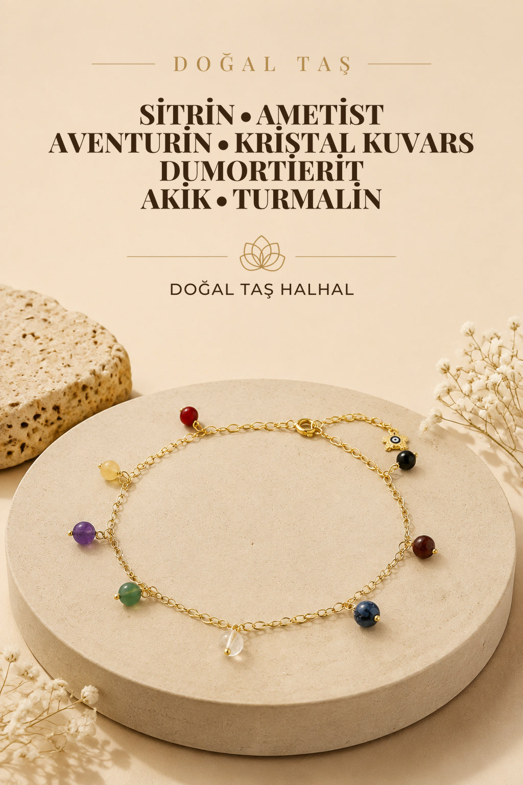 Sitrin Ametist Aventurin Kristal Kuvars Dumortierit Akik Turmalin Doğaltaş Halhal