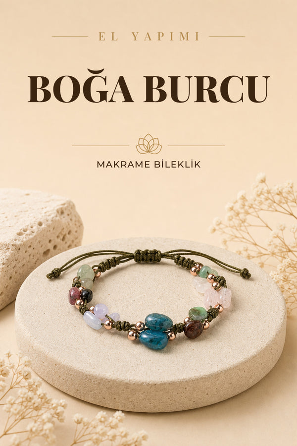 Boğa Burcu Doğal Taş Natürel Makrome Bileklik