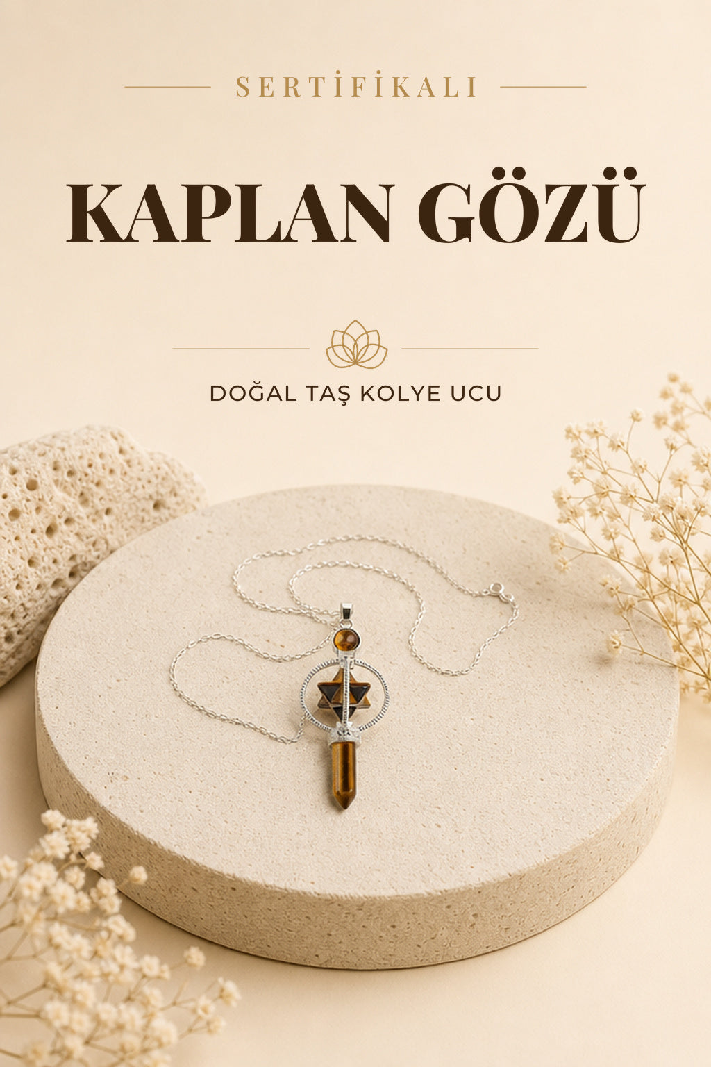 Sertifikalı Kaplan Gözü Doğaltaş Markapon Yıldızlı Kolye Ucu, Gümüş Zincirle Birlikte Ku002