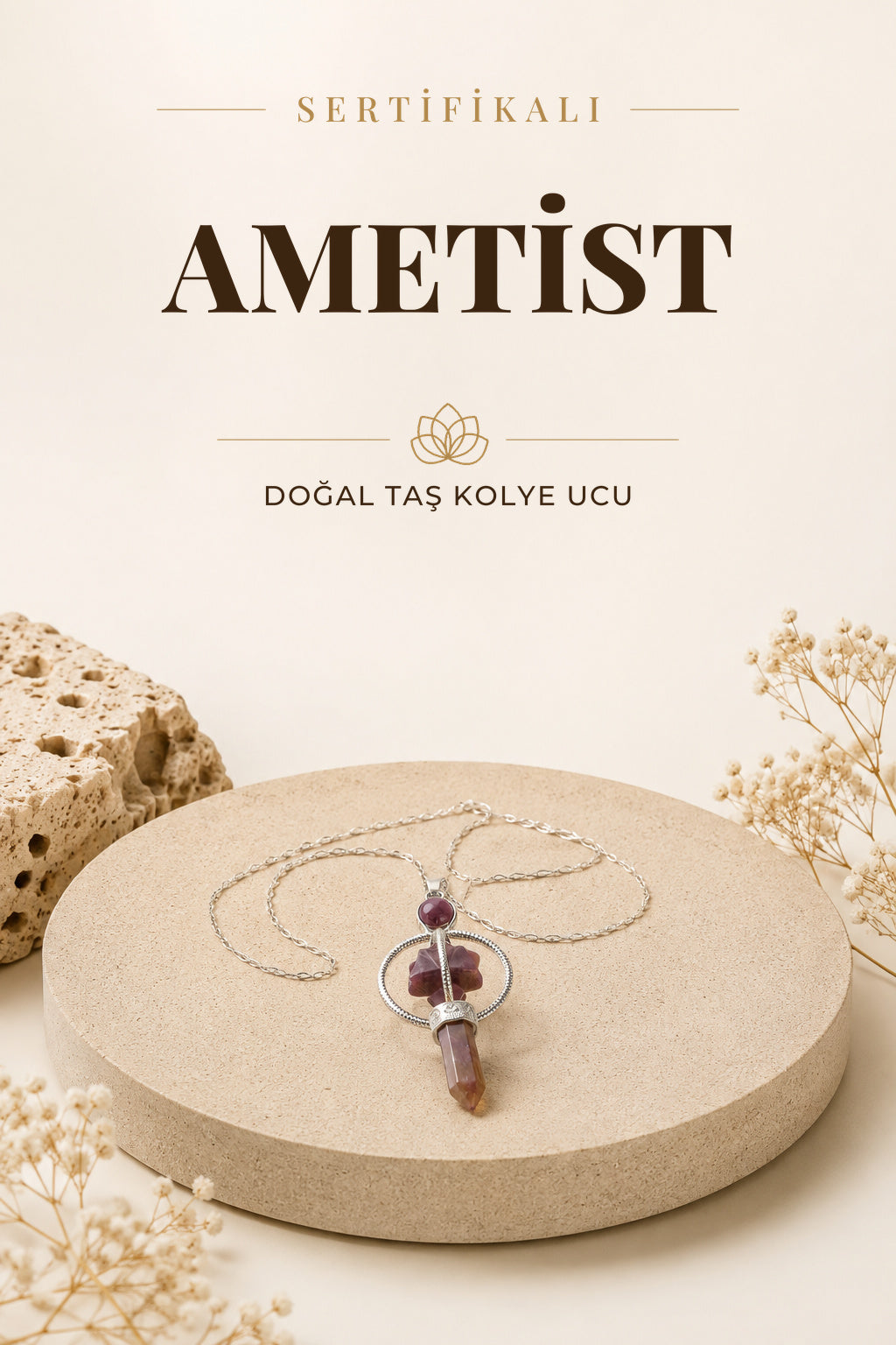 Sertifikalı Ametist Doğaltaş Markapon Yıldızlı Kolye Ucu, Gümüş Zincirle Birlikte Ku003