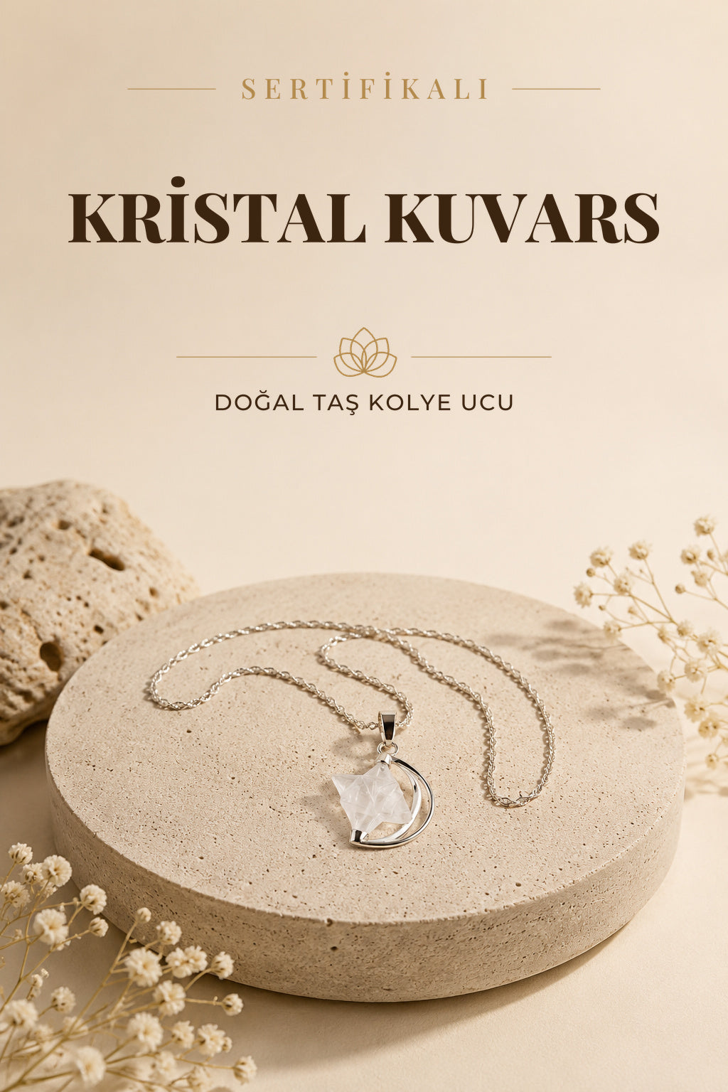 Sertifikalı Kristal Kuvars Doğaltaş Yıldızlı Kolye Ucu, Gümüş Zincirle Birlikte Ku020