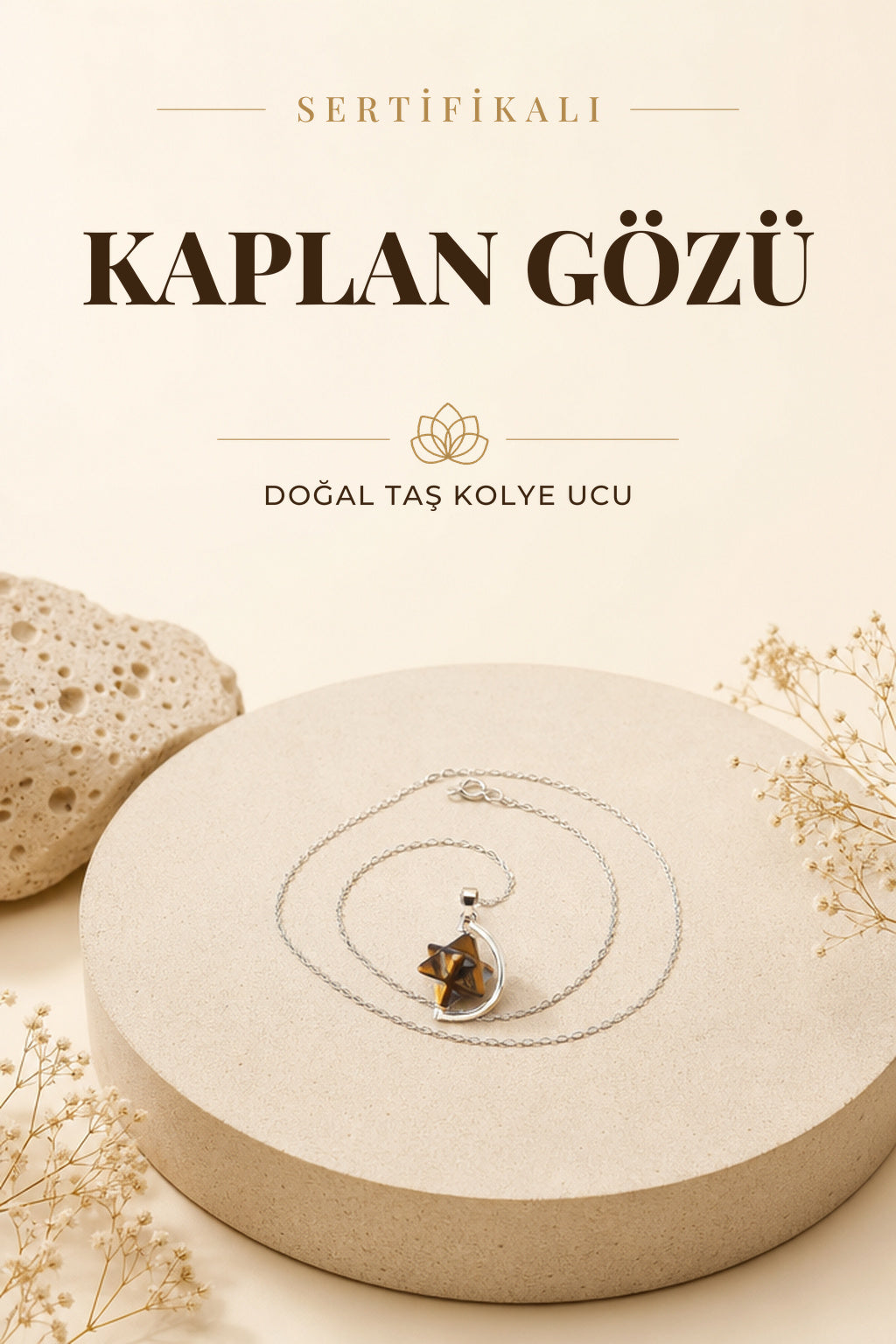 Sertifikalı Kaplan Gözü Doğaltaş Yıldızlı Kolye Ucu, Gümüş Zincirle Birlikte Ku023