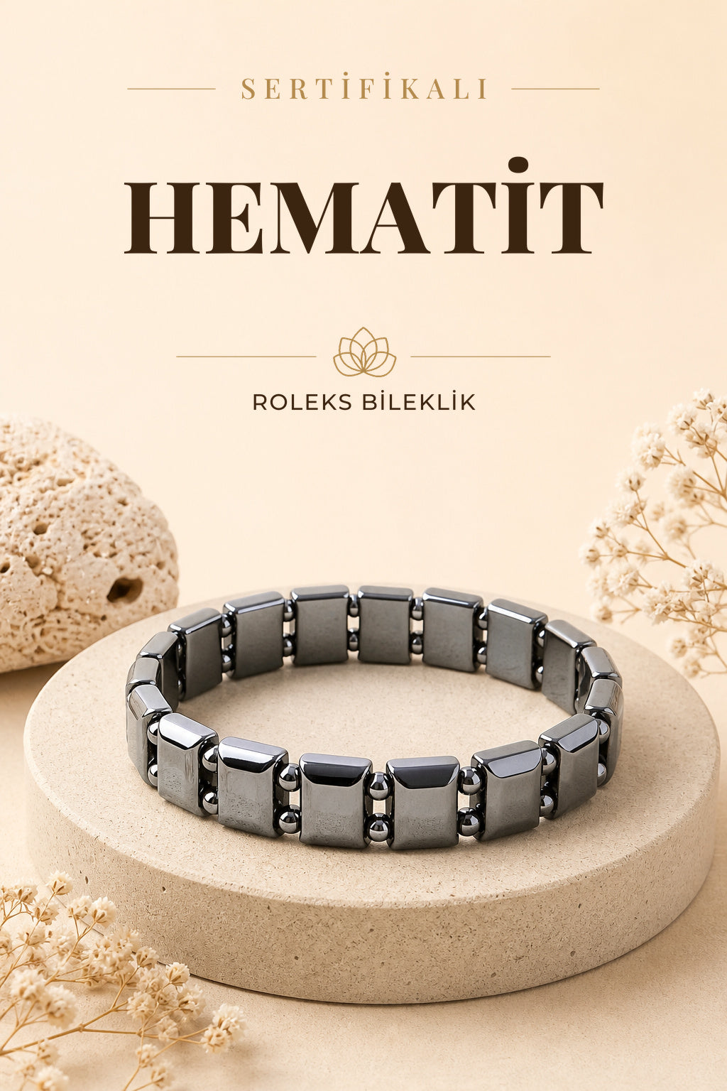 Sertifikalı Hematit Taşı Doğal Taş Roleks Bileklik B073