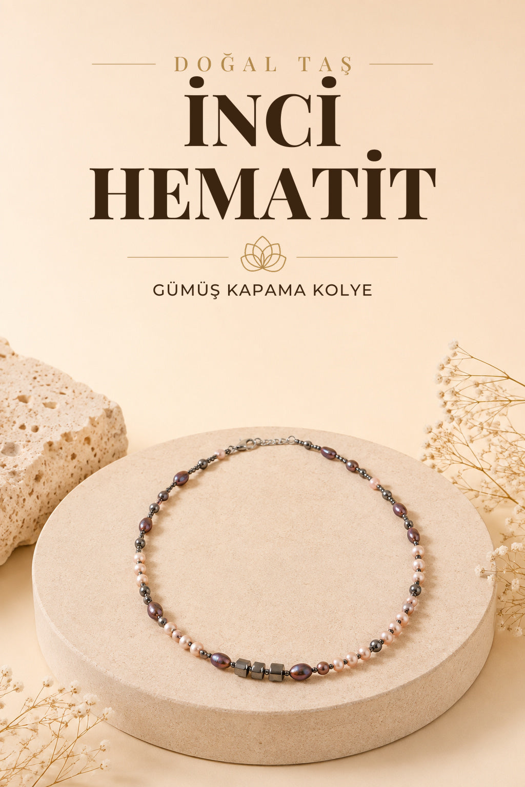 Lina, Inci Ve Hematit Doğal Taşlı Gümüş Kapama Tasarım Kolye