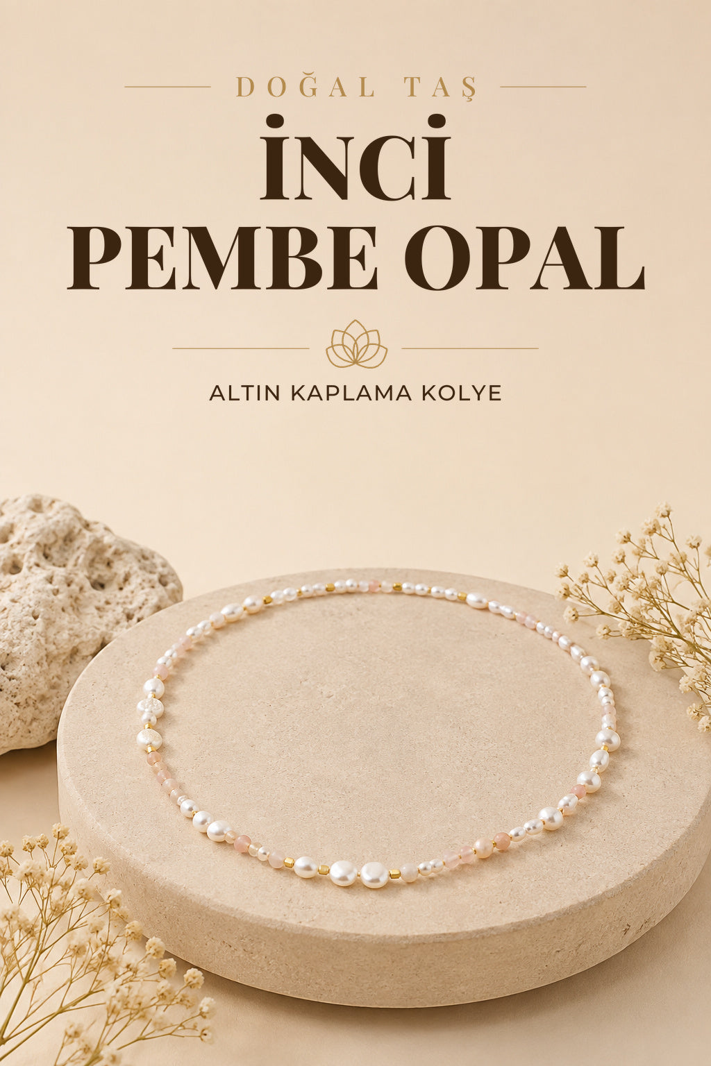 İnci-pembe Opal Doğal Taş Altın Kaplama Kapama Kolye (3cm Uzatma Ile Birlikte)
