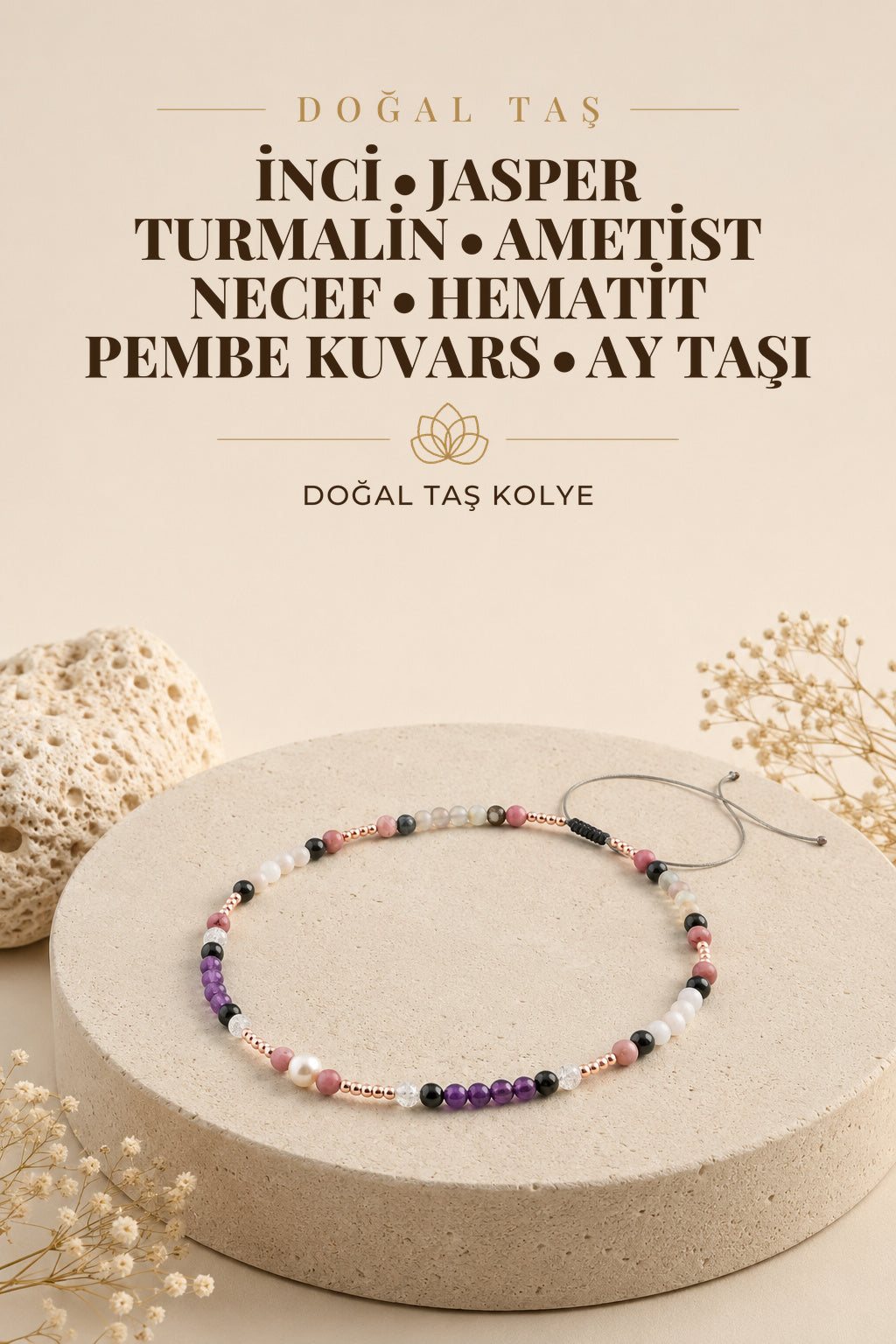 İnci-Jasper-Turmalin-Ametist-Necef-Hematit-Pembe Kuvars-Ay Taşı Doğal Taş Kolye