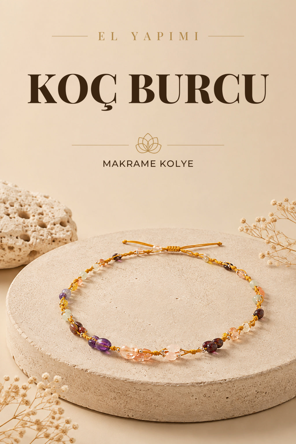 Koç Burcu Doğal Taş Natürel Makrome Kolye-ametist-granat Lal-güneş T-jasper-pembe K-sitrin-aventurin