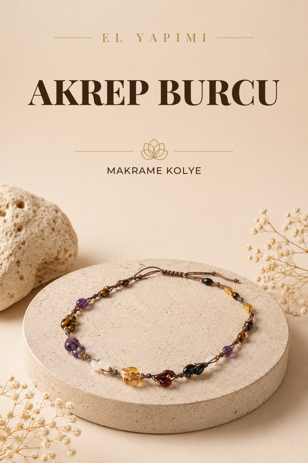 Akrep Burcu Doğal Taş Natürel Makrome Kolye