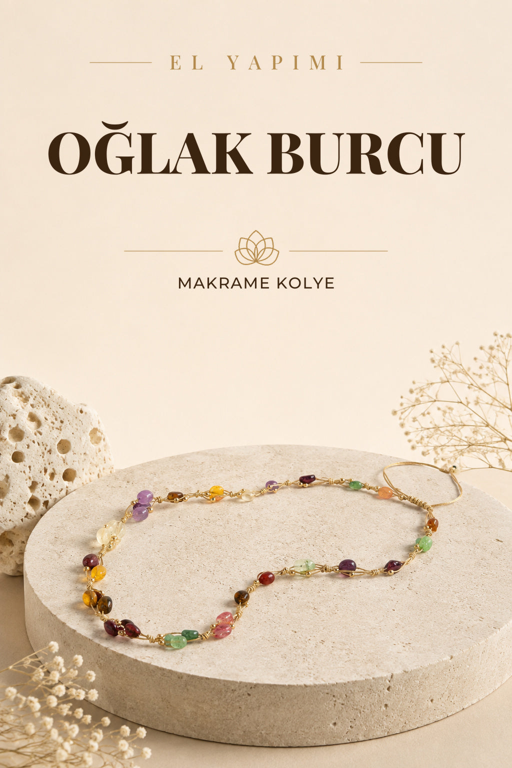 Oğlak Burcu Doğal Taş Natürel Makrome Kolye