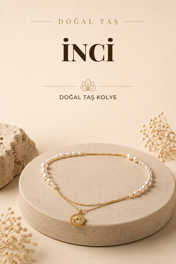İnci Doğal Taş Gümüş Kolye