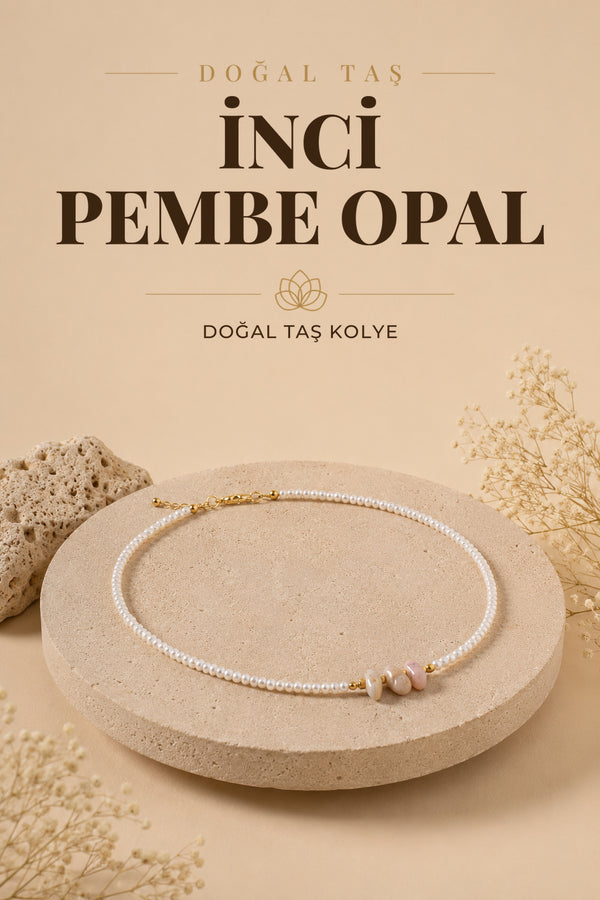 İnci-Pembe Opal Doğal Taş Gümüş Kolye