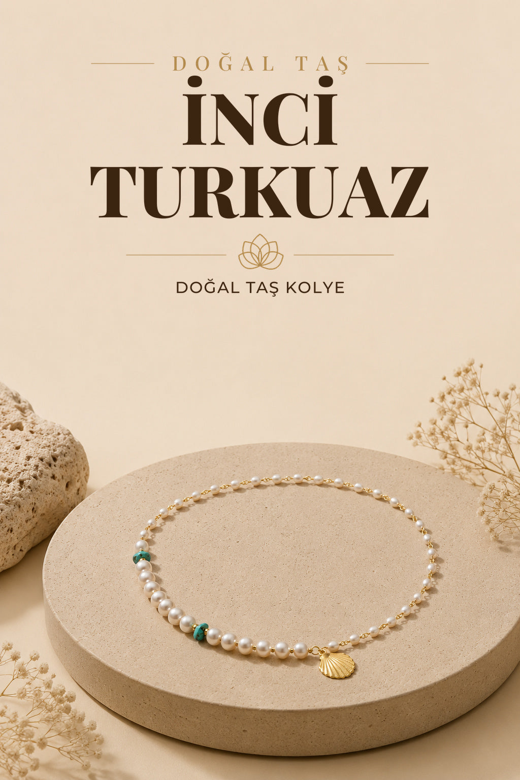 İnci-Turkuaz Doğal Taş Gümüş Midye Kolye