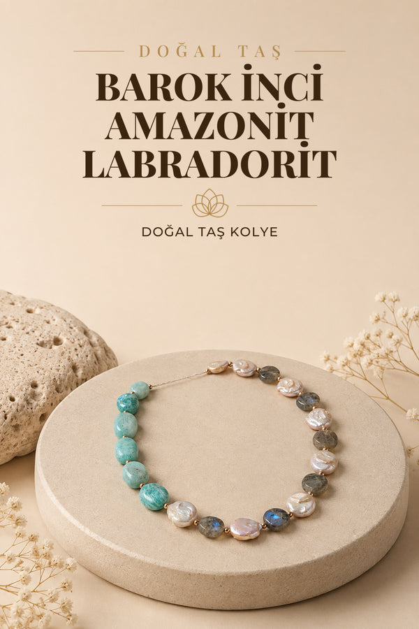 Barok İnci-Amazonit-Labradorit Doğal Taş Gümüş Kolye