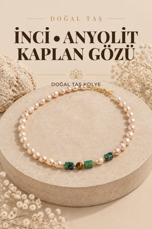 İnci-Anyolit-Kaplan Gözü Doğal Taş Gümüş Kolye