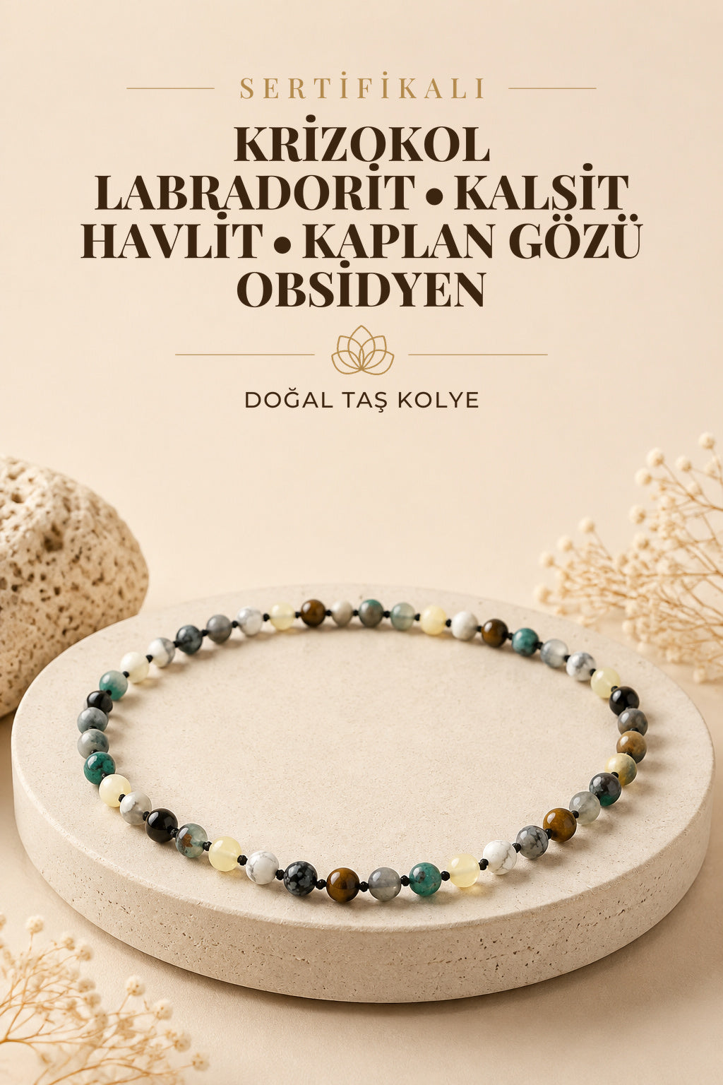 Sertifikalı Krizokol - Labradorit - Kalsit - Havlit - Kaplan Gözü- Obsidyen Doğal Taş Kolye