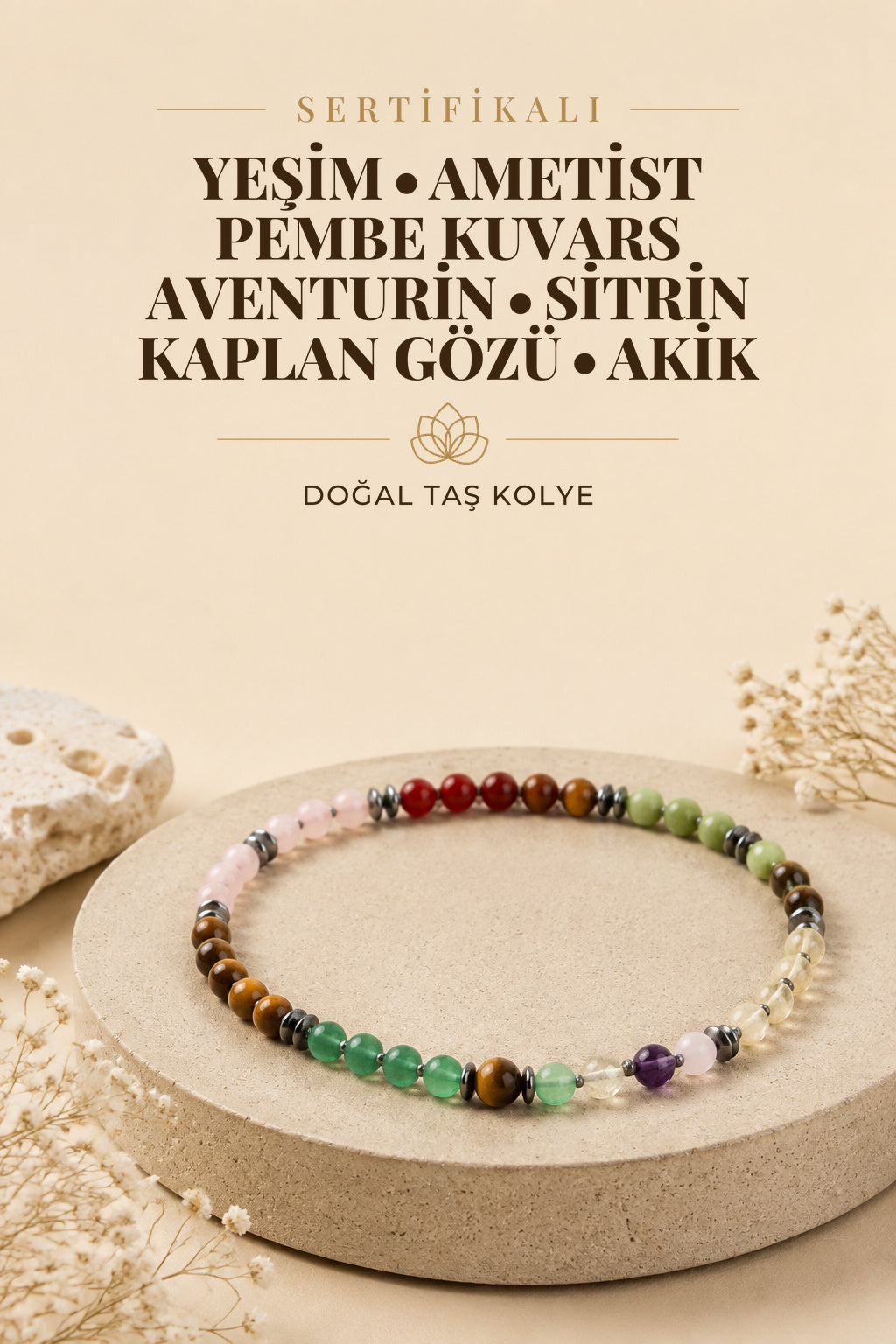 Sertifikalı Çakra Kolye- Yeşim-ametist-pembe Kuvars-aventurin-sitrin-kaplan Gözü-akik