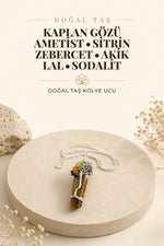 Kaplan Gözü Gümüş Zincirli Çakra Taşlı Kolye Ucu-ametist,sitrin,zebercet,akik,lal,sodalit M180