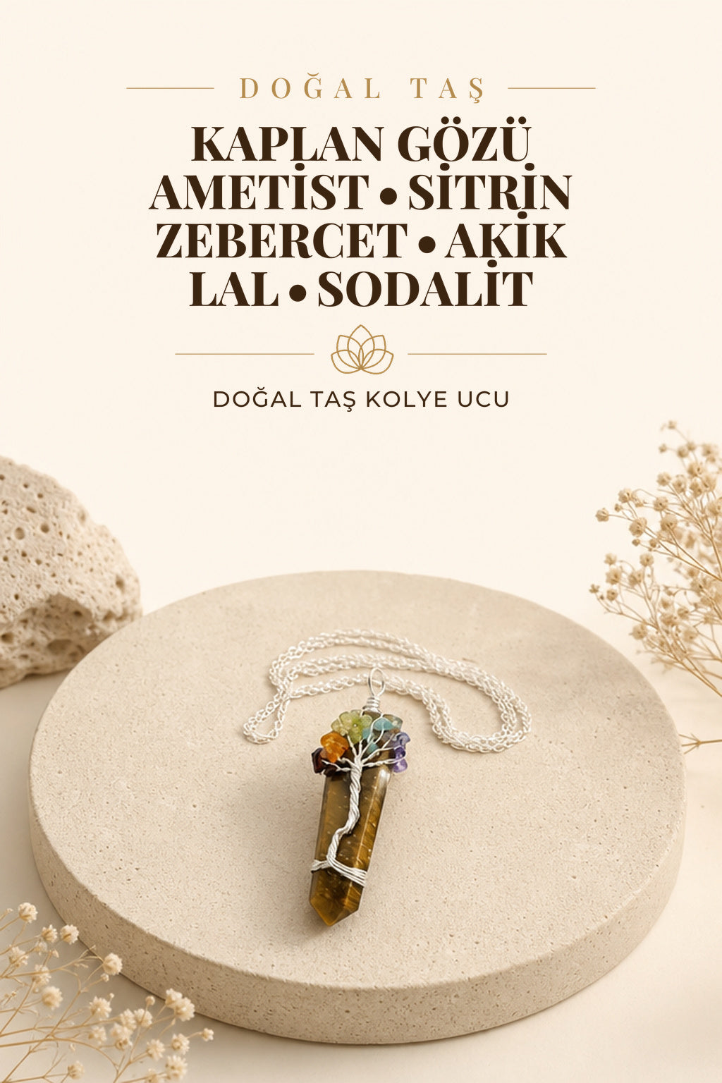 Kaplan Gözü Gümüş Zincirli Çakra Taşlı Kolye Ucu-ametist,sitrin,zebercet,akik,lal,sodalit M180