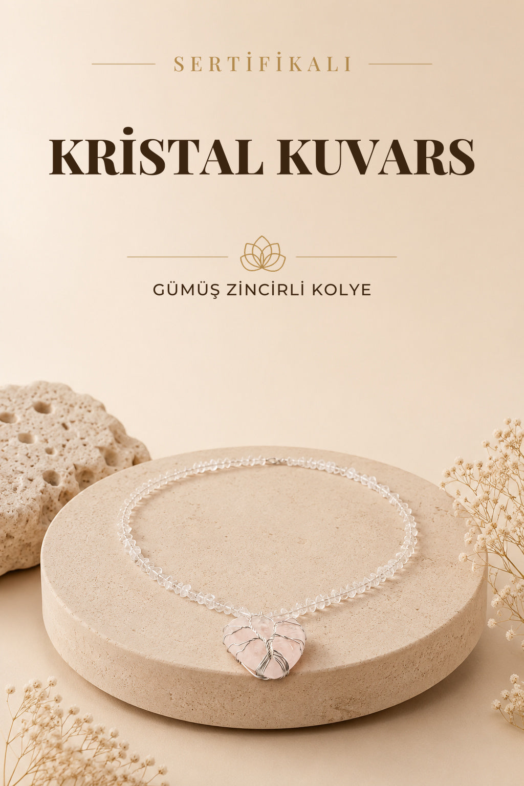Sertifikalı Doğal Taş Kolye-kristal Kuvars (GÜMÜŞ ZİNCİR DAHİL) M119