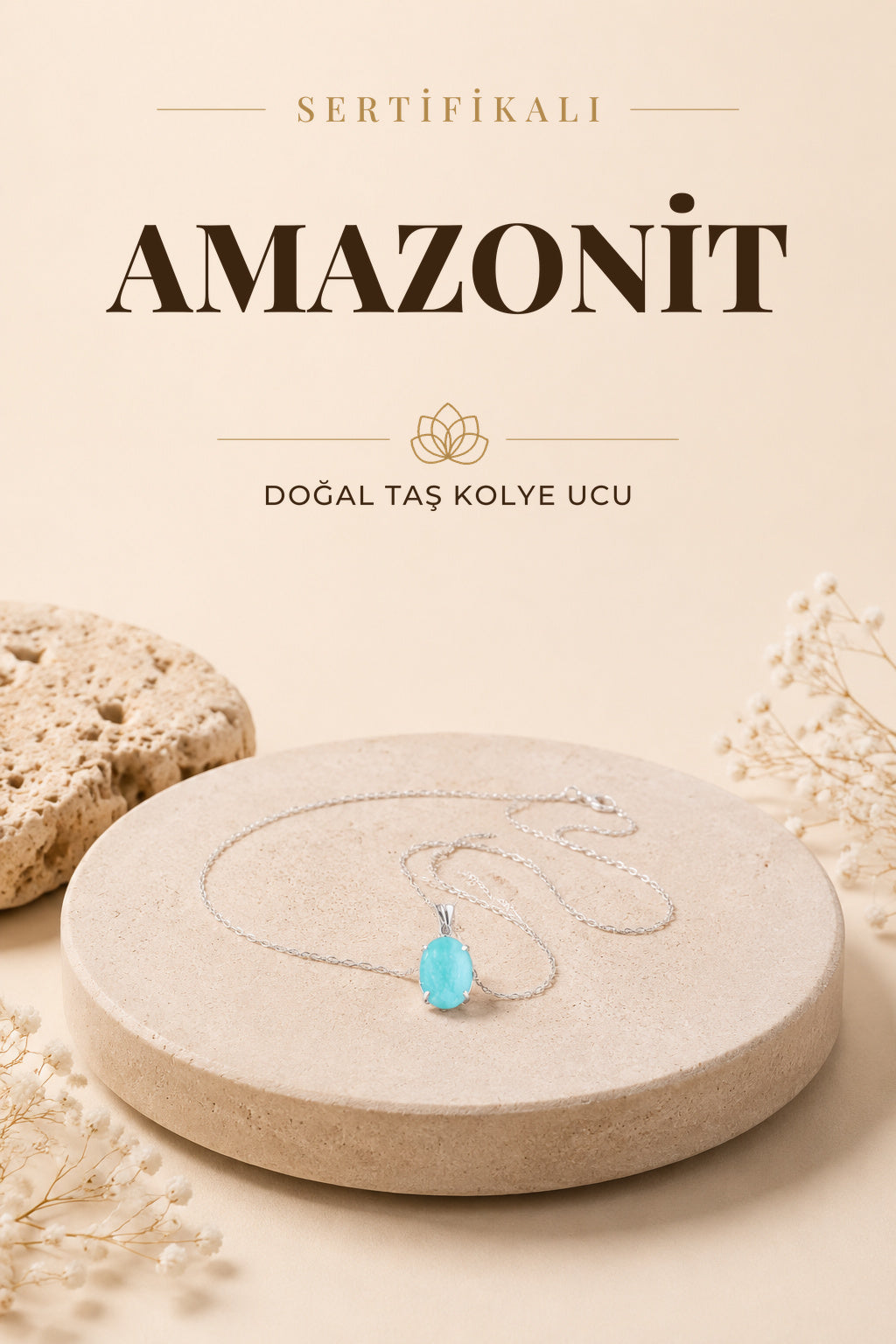 Sertifikalı Amazonit Doğal Taş Gümüş Çerçeveli Ve Zincirli Kolye Ucu - 2 X 1,2 Cm M344