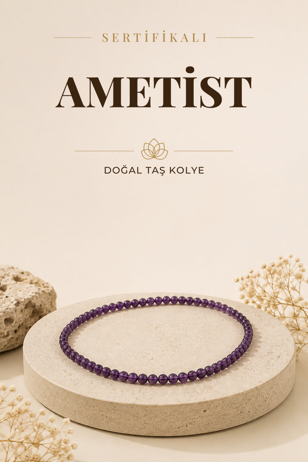 Sertifikalı Ametist Doğal Taş Kolye
