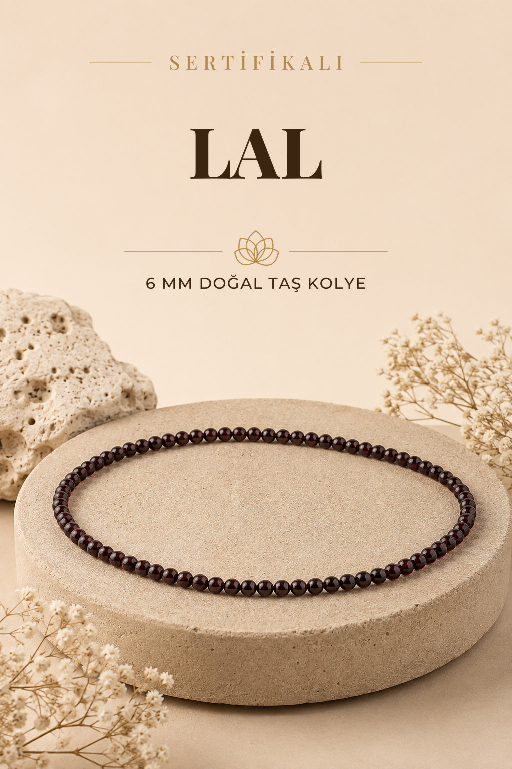 Sertifikalı Lal Doğal Taş Kolye - 6mm Kahverengi