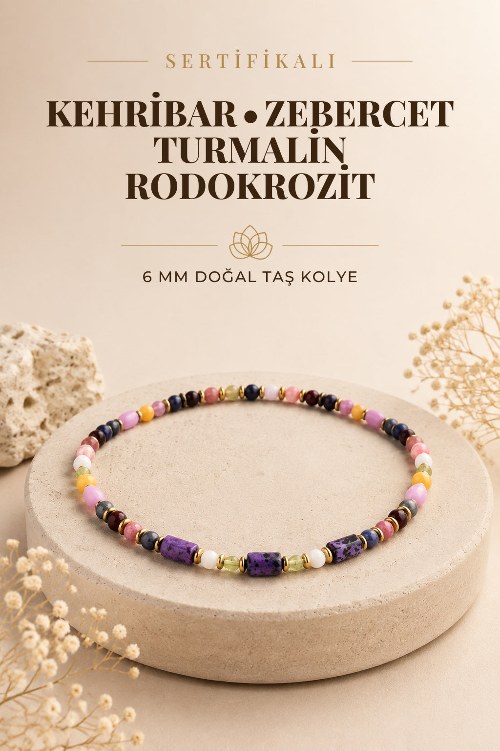 Sertifikalı Çeroit - Kehribar - Zebercet - Turmalin - Rodokrozit - Ay Doğal Taşı Kolye - 6 Mm M342